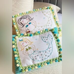 Jamee Haley 2 Mermaid chenille pillows Pom Pom trim sequins